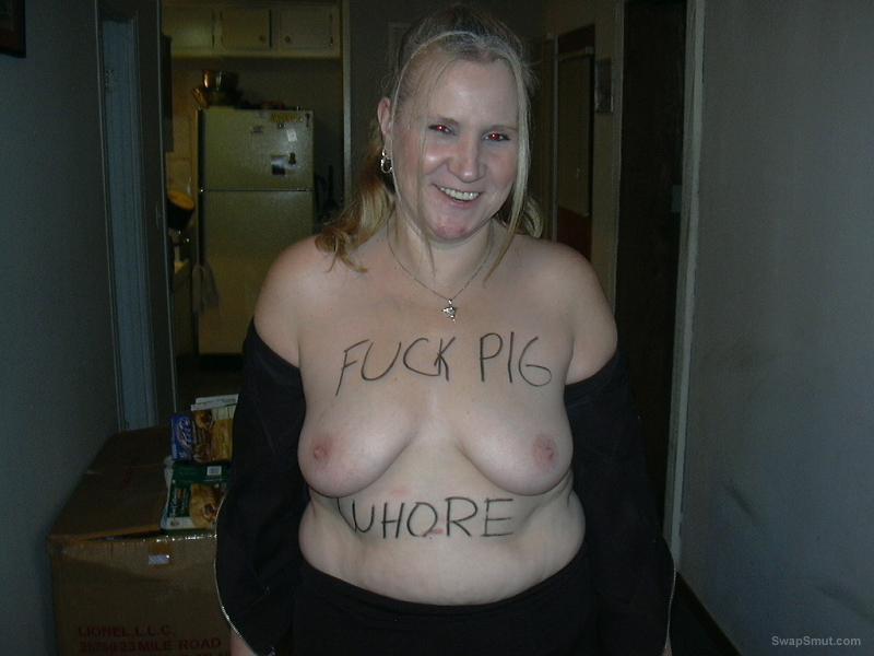 Mature BBC fuck pig Laura showing dirty body writings for bulls image